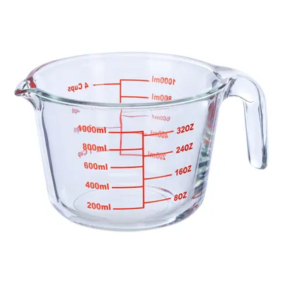 Produktbild von Relaxdays Messbecher Glas, 1 Liter, hitzebeständig, mikrowellengeeignet, Skala in ml, Cups, oz, Litermaß, transparent