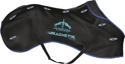 A black horse rug with blue trim and teal branding.