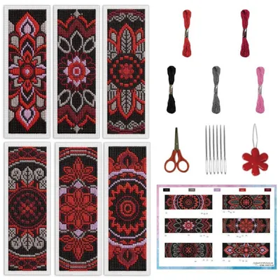 Produktbild von Kreuzstich Lesezeichen Set 6 Stück Mandala Dunkle Blumen 3x8.5 cm Baumwolle Leinen Mischung DIY Stickerei