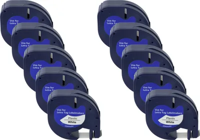 Produktbild von vhbw 10x Schriftband-Kassette Plastik kompatibel mit Dymo LetraTag LT-100H, LT-100T, QX50, XR Etiketten-Drucker 4m x 12mm Schwarz auf Weiß, Kunststoff