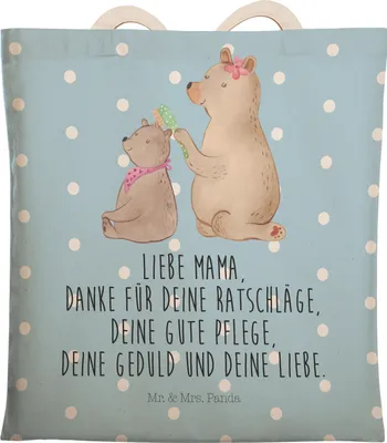 Produktbild von Mr. & Mrs. Panda shopping bag Bär Kind - Blau Pastell - Geschenk, Muttertag, Tasche, Stofftragetasche, Familie, Mutti, Mama, Bären, Bruder, Tragetasche, Tote, Stoffbeutel