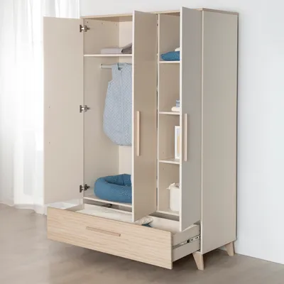 Produktbild von roba Kinderzimmer Set 3-teilig Sidney - Kinderbett 70 x 140 cm + Wickelkommode + Kinderkleiderschrank - Griffe & Füße aus Massivholz - Cashmere