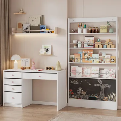 Produktbild von Merax Kinderzimmer Möbel Satz, Schreibtisch mit 5 Schubladen & Kinderregal mit 4 Ebenen und bemalbarer Tafel, Kinderschreibtisch, Bücherregal, Weiß
