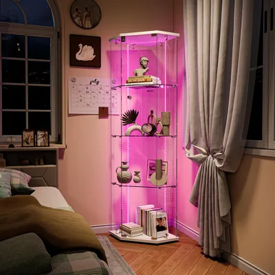 Immagine prodotto di UnboxG Vetrina angolare a 5 lati con illuminazione a LED Vetrina in vetro 1 anta 4 ripiani Base bianca Elegante vetrina angolare per soggiorno sala da pranzo ufficio 60x42,5x162 cm