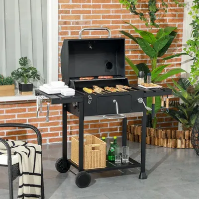 Image de Barbecue au charbon avec bac à charbon réglable | Couleur : Noir | Dimensions : 64 x 120 x 114 cm