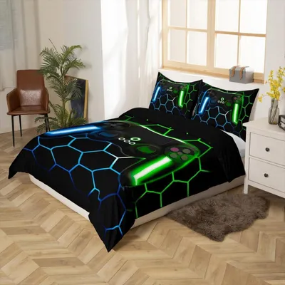 Productafbeelding van Beddengoedset 135x200 cm met kussensloop 80x80 cm, microvezel, met een motief van gamecontrollers