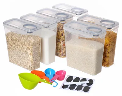 Produktbild von Relaxdays Vorratsdosen 6er Set, mit Deckel, luftdicht, Müslidose 3,7L, mit Dosierer & Etiketten, Kunststoff, transparent