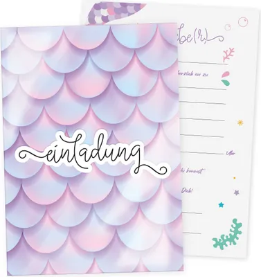 Produktbild von Friendly Fox Meerjungfrau Einladung Mädchen, 12 Einladungskarten zum Kindergeburtstag Mädchen, Schimmernde Einladung