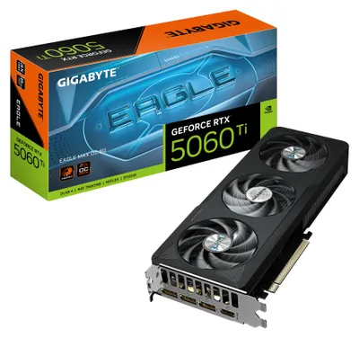 Obrázok produktu pre GIGABYTE GeForce RTX 5060 Ti EAGLE MAX OC 8G, GeForce RTX 5060 Ti, 8 GB, GDDR7, 128 bit, 7680 x 4320 px, PCI Express 5.0