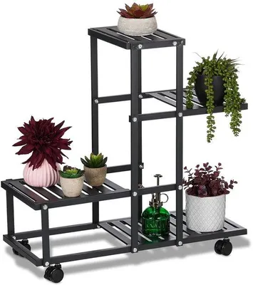 Produktbild von Famanu Pflanzenregal mit Rollen, H x B x T: 60,5 x 61,5 x 26 cm, Metall, 4 Ablagen, Pflanzenleiter für Innen, schwarz