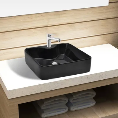 Produktbild von Keramik Waschbecken mit Hahnloch Schwarz Quadratisch