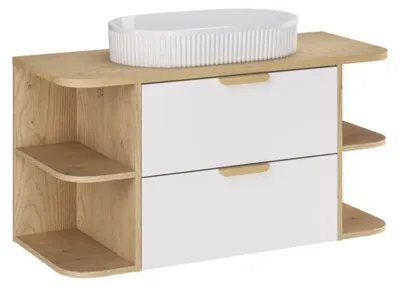 Productafbeelding van OSTER 100cm set: onderkast met lades en zichtbare nissen + blad voor wastafel + opbouwwastafel in wit