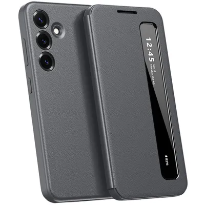Image de Housse en cuirPolyuréthanepour Samsung Galaxy S25, étui intelligent pour téléphone portable avec Smart Side Window Gris