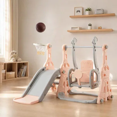 Immagine prodotto di UnboxG, scivolo 3-in-1 per bambini con altalena e canestro da basket, gioco da interno per bambini dai 1 anno in su, colore rosa