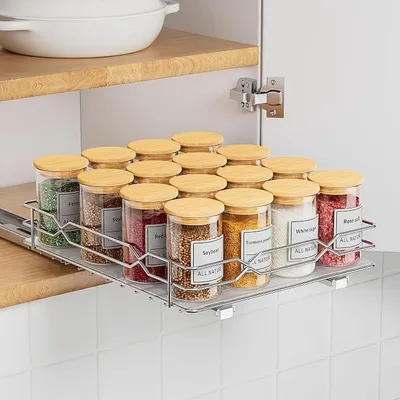 Produktbild von PolkaHome® Ausziehbares Gewürzregal für Innenschrank, Edelstahl Gewürzorganizer, Schrankregal, 26,4 x 22,2 x 5,5 cm
