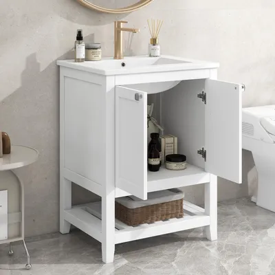 Image de OKWISH Meuble Lavabo Avec Vasque Céramique - Meuble Sous-Vasque De Salle De Bain Moderne Avec Rangement - Bois De Pin Et MDF - Blanc - 61x46x90 Cm