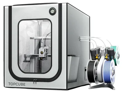 A 3D printer enclosed in a white tent-like housing, with spools of filament attached to the side.