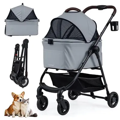 Produktbild von 3 in 1 Hundewagen, Hundebox Tragetasche bis 15 kg mit verstellbarem Netzdach & Korb & Getränkehalter, Haustier Buggy klappbar, Hundebuggy für Hunde Katzen Haustiere (Grau, 1)