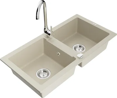Immagine prodotto di Mexen Mario lavello da cucina in granito a 2 vasche con rubinetto Telma, beige - 6504-69-670200-00