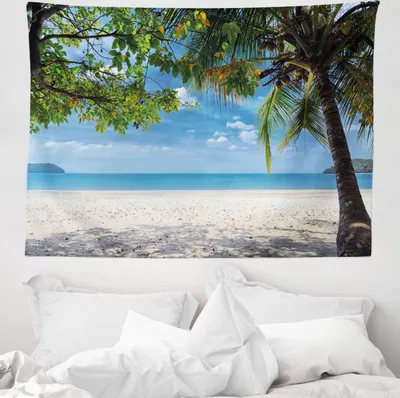 Produktbild von ABAKUHAUS Sommer Wandteppich, Tropical Beach Ocean aus Weiches Mikrofaser Stoff Waschbar ohne Verblassen Digitaldruck, 150 x 110 cm, Farngrün Himmelblau