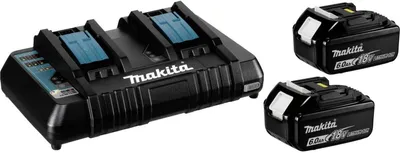 A Makita dual battery charger and two Makita 18V batteries are shown on a white background.