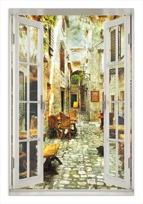 Produktbild von Wallario Wandbild mit Fenster-Illusion: Italienische kleine Gasse, Größe: 61 x 91,5 cm, Poster mit rahmenlosen Bildhalter