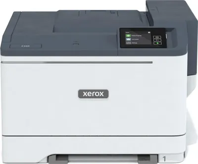 A Xerox C320dni laser printer is shown from a front-facing angle against a white background.