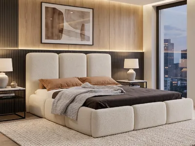 Produktbild von Polsterbett 160x200 cm mit Bettkasten VARDO, Stauraum und Metall-Lattenrost – Bouclé Stoff Creme