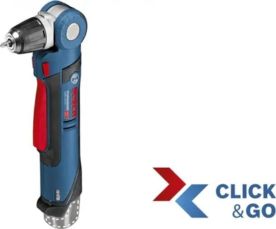 A cordless angle drill is shown against a white background, with a logo in the bottom right corner.