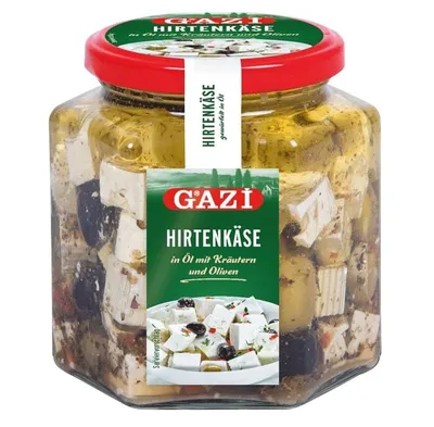 Obrázek produktu pro Pastýřský sýr Gazi 4x 300g 45% tuku v sušině nakrájený na kostičky v oleji s bylinkami a olivami