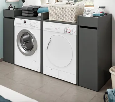 Produktbild von Waschmaschinenumbau Set "Flexy" in grau 4-teilig 2 x Überbauschrank und 2 x Anstellregal
