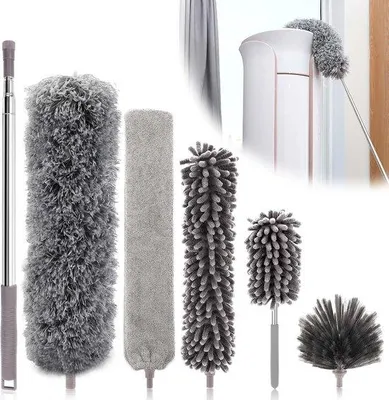 Produktbild von Unyqoos® 6‑tlg. Teleskop-Staubwedel-Set mit 245 cm Teleskopstange, Mikrofaser & Chenille-Aufsätzen, Eckbürste, waschbar – für Decken & schwer erreichbare Stellen
