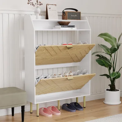 Image de Armoire à chaussures étroite avec 2 portes battantes, pouvant contenir de 16 à 24 paires de chaussures, en bois et blanche