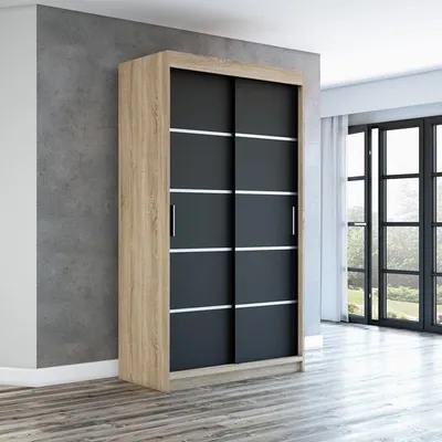 Produktbild von Schwebetürenschrank, 2-türig Schrank PARIS 120 cm (mit Spiegel) (Sonoma / schwarz / schwarz)