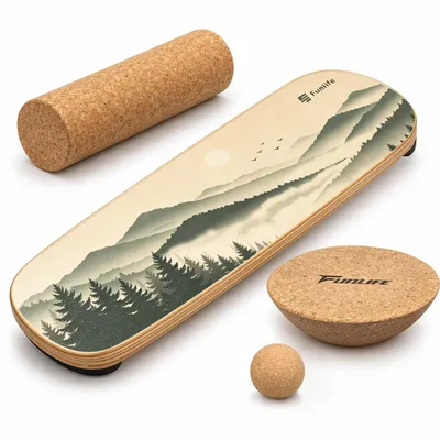Imagen del producto de Conjunto avanzado de tabla de equilibrio 3 en 1 FunLife, con 3 tapetes de corcho, una tabla de madera de abedul de 80x30 cm con rodillo de corcho, cúpula y esfera, y 3 tipos de entrenamiento: "Morning Mist"