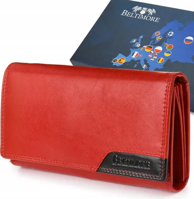 A red leather wallet is shown in front of a blue box with a map of Europe and flags.