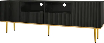 Produktbild von TV-Lowboard - TV-Schrank - Moderner marokkanischer Stil - Metall - Goldene Füße und Goldrand - Für Wohnzimmer - Montage erforderlich - Schwarz