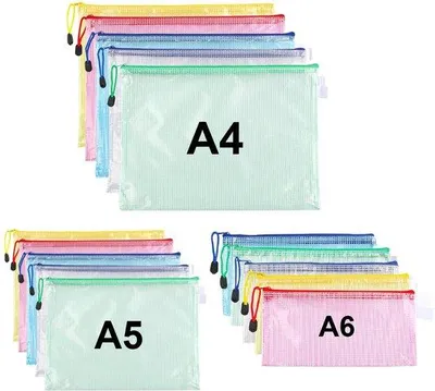 Produktbild von Verpackung von 15 A4+A5+A6 Dokumententaschen, wasserdichte Netztaschen mit Reißverschluss, Taschen mit Reißverschluss für Bürobedarf, Schulausstattung, Dokumentenmappen, Papiere, Bonpapier, Kosmetik, 5 Farben