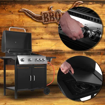 Obrázok produktu pre Plynový gril MalTec 4+1 horák s krytom | záhradný gril BBQ vozík | teplomer | 14,5 kW | 2 bočné police | 2 kolieska
