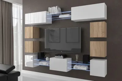 Produktbild von Furnitech Wohnwand Wohnzimmer - Wohnzimmer Möbel mit LED RGB - 16 Farben - Hängend Wohnwand Modern - Regale und TV Schrank (Future C80N-21WS-HGM23)