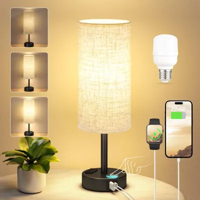 Produktbild von Nachttischlampe Touch Dimmbar, Tischlampe mit USB A+C+Steckdose Ladefunktion,, Lampe für Nachttisch Wohnzimmer Schlafzimmer (Inklusive Birne)
