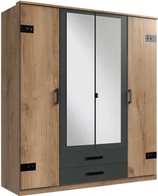 Image de Cork Armoire 4 portes avec miroir Chêne à planches / Graphite