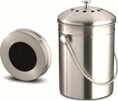 A stainless steel compost bin and its lid are shown against a white background.