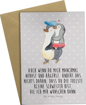 Produktbild von Mr. & Mrs. Panda Grußkarte Pinguin Kleine Schwester - Grau Pastell - Geschenk, abiturkarte, dankeskarten, Schwesterherz, einladungskarten, Sis, vatertagskarte, Sister