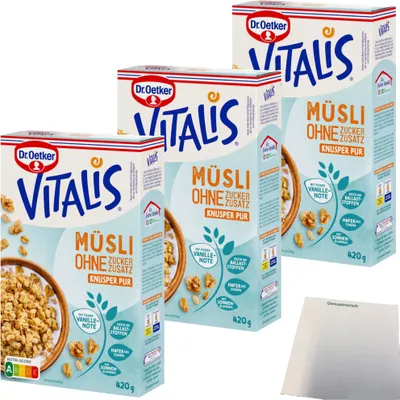 Produktbild von Dr. Oetker Vitalis Knusper-Müsli ohne Zuckerzusatz 3er Pack (3x420g Packung) + usy Block