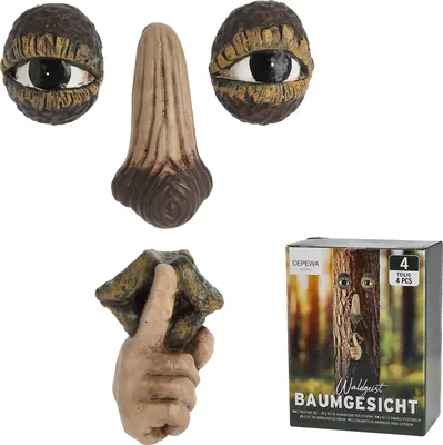Produktbild von Baumgesicht Waldgeist Ruhe-Geste 4teilig Polyresin naturfarben Nase Augen Mund Baumdeko Gartendeko Zauberwald Geist Gesicht