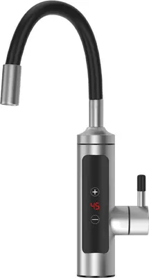 A modern stainless steel instant hot water tap with a digital display.