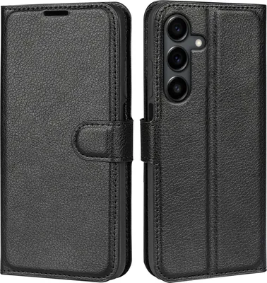 A black leather flip case for a smartphone is shown from two angles.