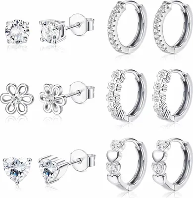 Produktbild von 6er Set Mädchen Damen Ohrringe: Blume Herz Creolen Ohrstecker 925 Silber hypoallergen