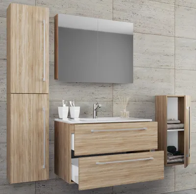 Produktbild von VCM 5-tlg. Set | 1 Waschtisch mit zwei Schubladen, 1 Spiegelschrank, 1 Waschbecken, 1 Midischrank, 1 Hochschrank | Keramik Waschbecken | hängend Unterschrank 80 cm | Badmöbel Set Waschplatz – Badinos